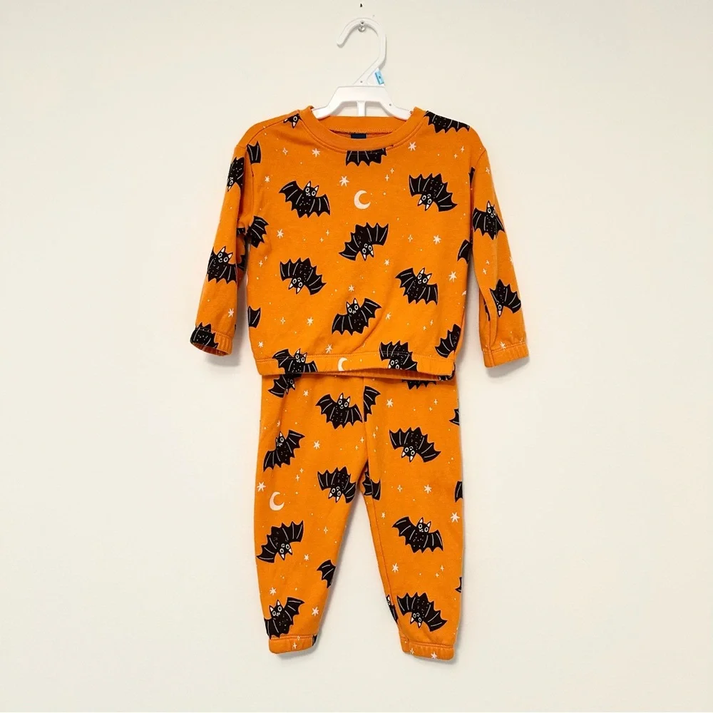 Toddler Orange and Black Halloween Bats French Terry Sweatshirt and Pants Set